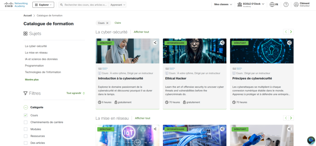 Le catalogue de cours de l'Académie Cisco