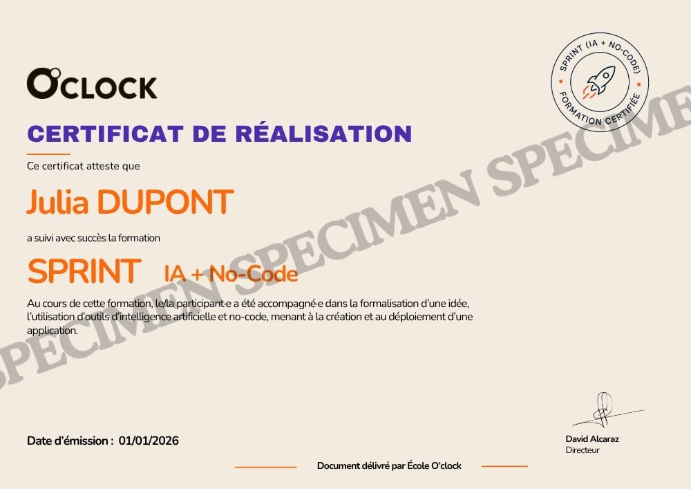 Spécimen du certificat O'clock remis à la fin de Sprint